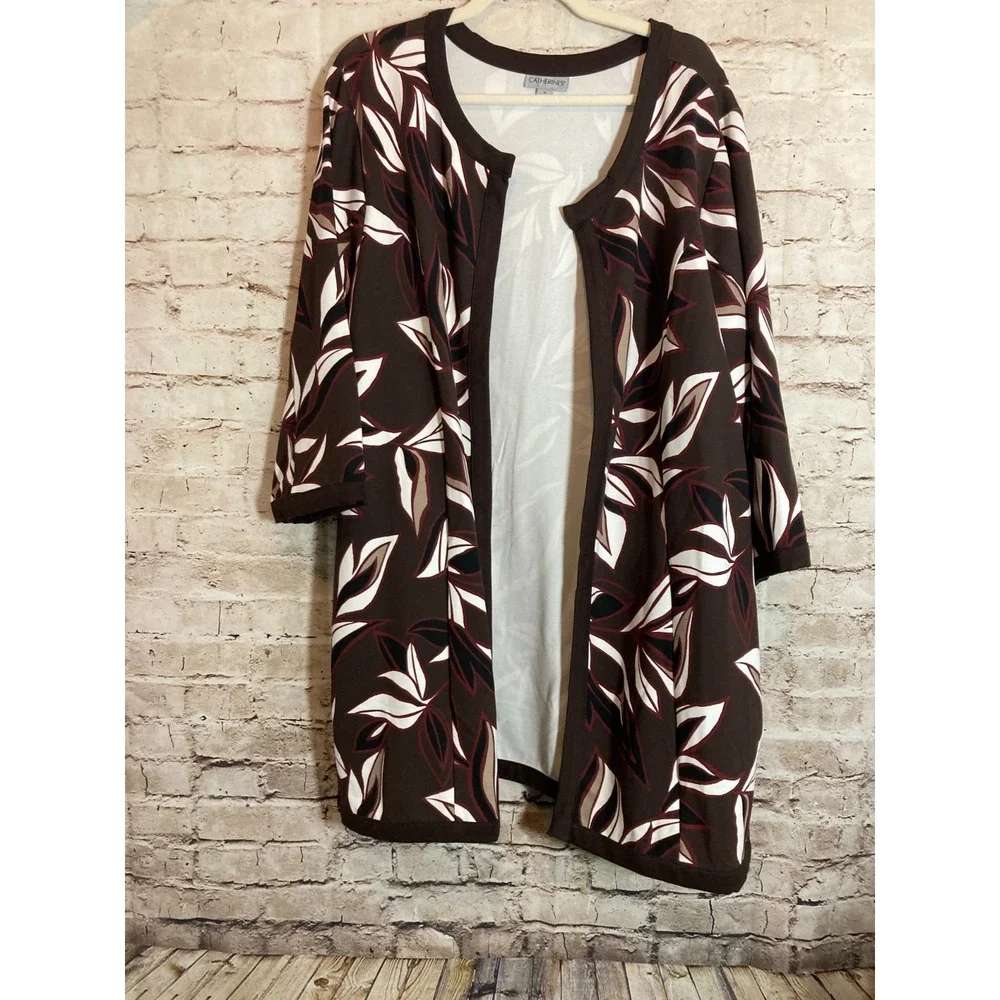 Catherines Jacket Womens 1X Dark Chocolate Tropical Florals Long Line Open Front